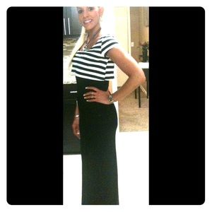 Black/White Striped Maxi Dress w/ Sexy Side Slit